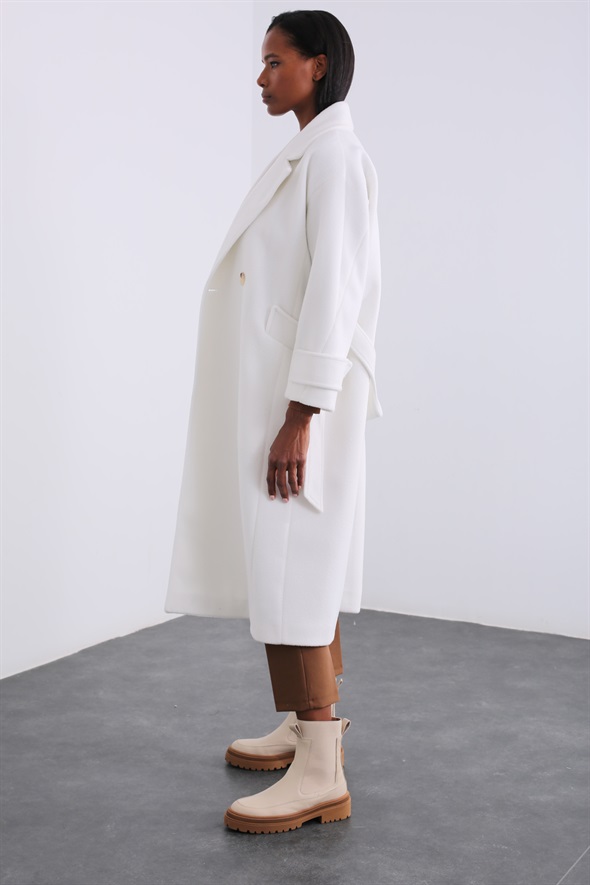 Beyaz Kaşe Maxi Palto 54047