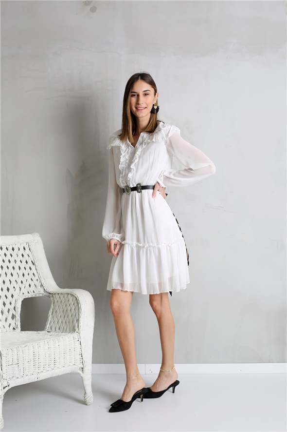 Beyaz Katlı Fırfırlı Mini Elbise 7223