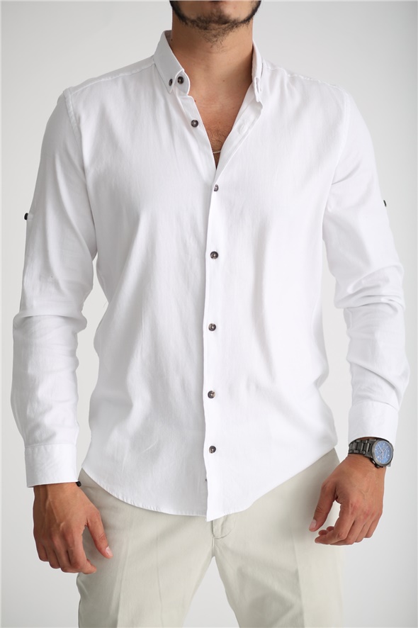 Beyaz Kolu Katlamalı Gömlek 11-2104