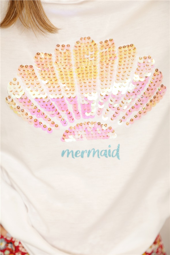 Beyaz Mermaid İşlemeli Tshirt 3075