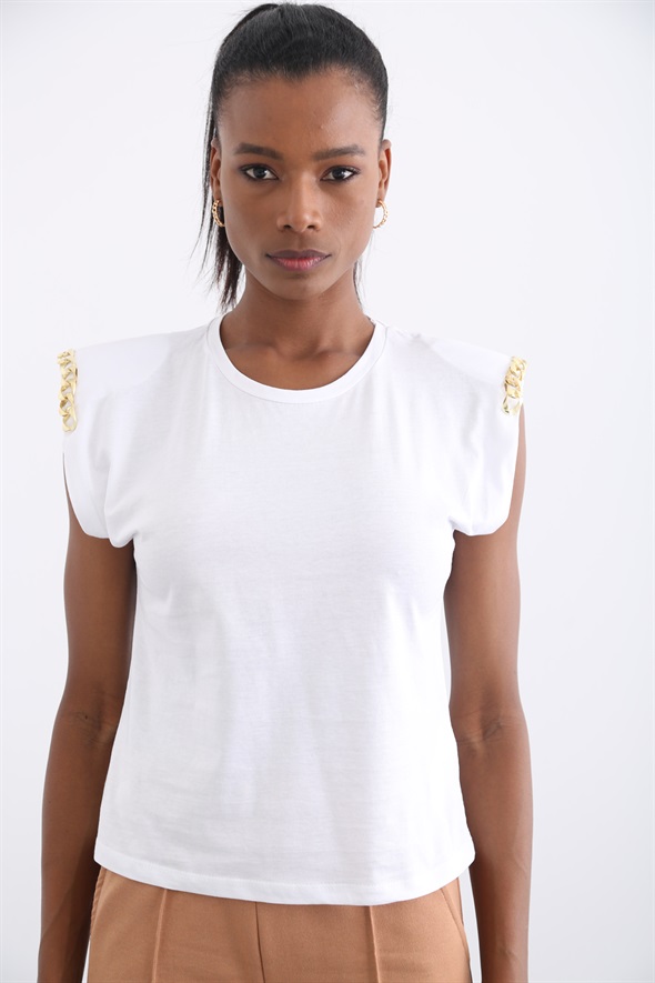 Beyaz Omzu Zincirli Vatkalı Tshirt 10195