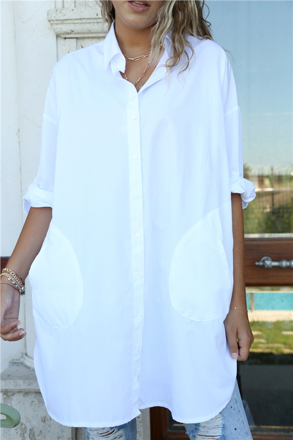 Beyaz Oversize Cep Detaylı Gömlek 19002