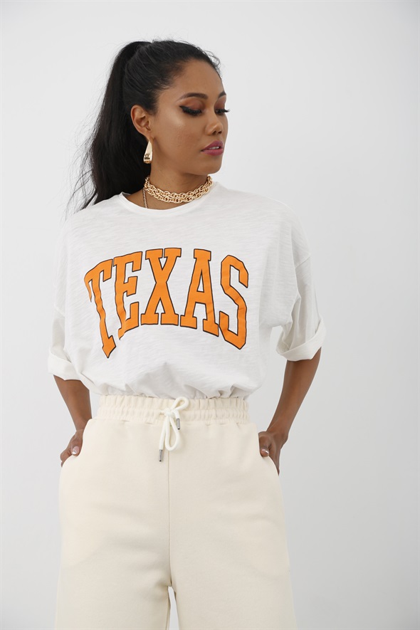 Ekru Texas Baskılı Tshirt 0042