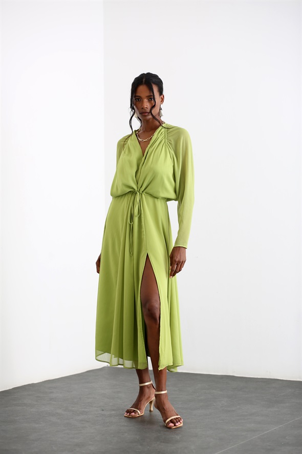 Fıstık Yeşili Beli Büzgülü Maxi Elbise 285151