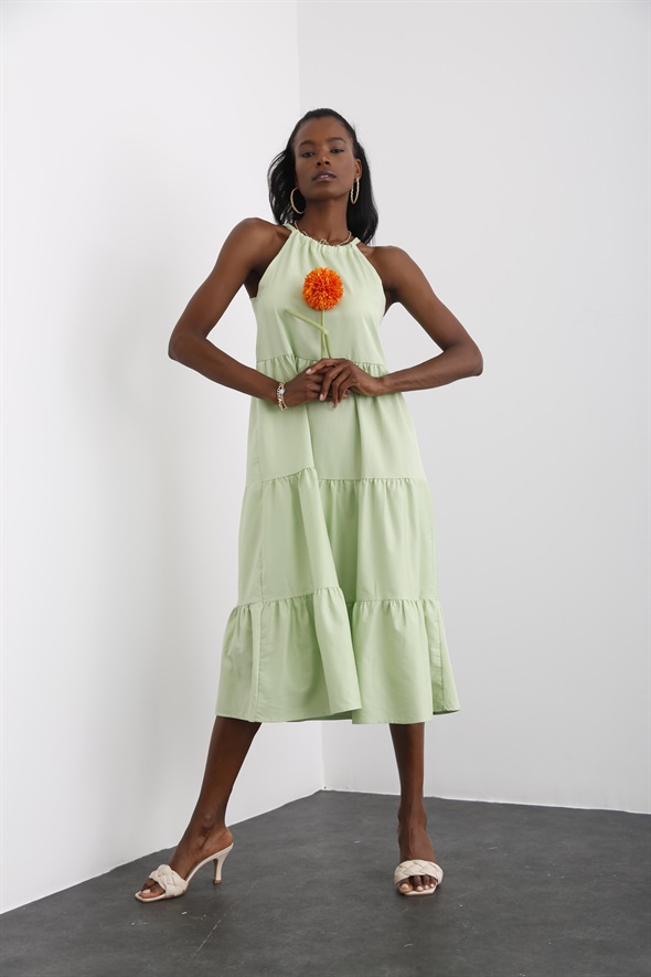 Fıstık Yeşili Halter Yaka Katlı Elbise 3501