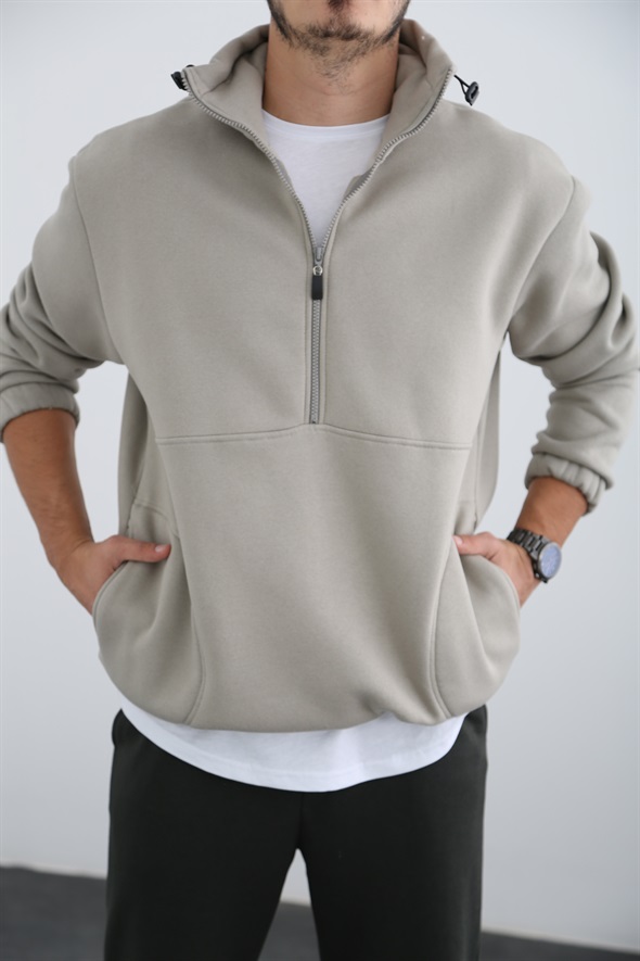 Gri Erkek Fermuarlı Şardonlu Sweatshirt K-296