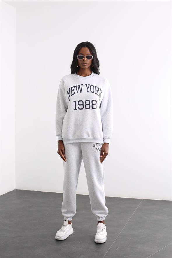 Gri Newyork Baskılı Sweatshirt Takım 3846