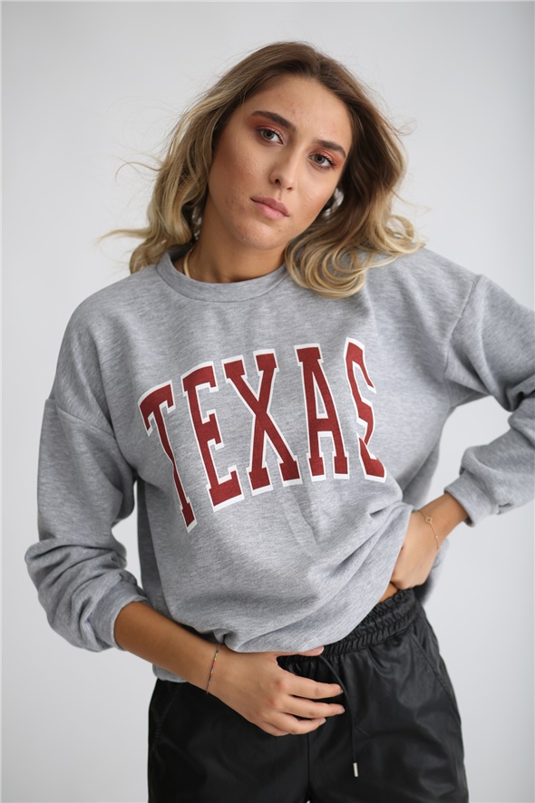 Gri Teksas Baskılı Basic Sweatshirt 6560