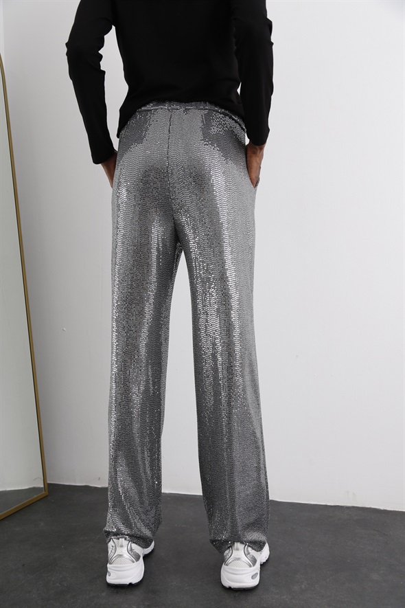 Gümüş Işıltılı Beli Lastikli Pantolon 