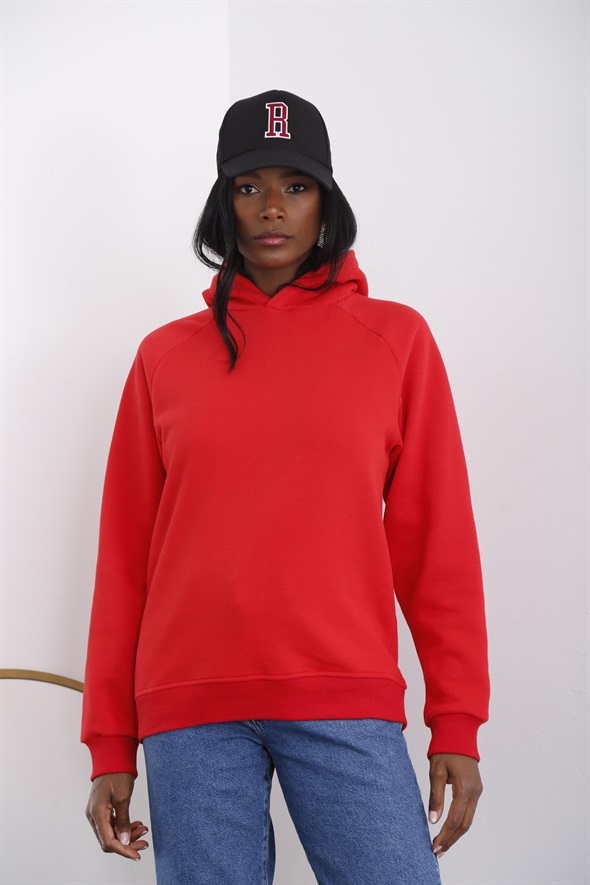 Kırmızı Kapüşonlu Şardonlu Sweatshirt 
