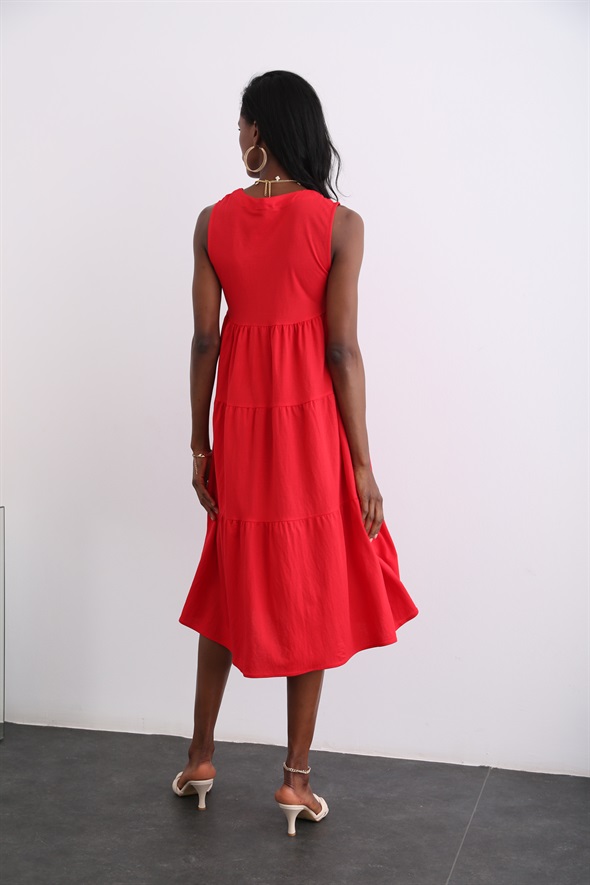 Kırmızı V Yaka Katlı Elbise 3200