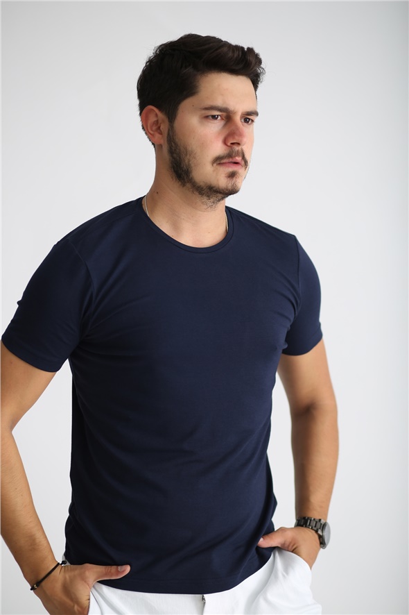 Lacivert Erkek Likralı Basic Tshirt SM-108