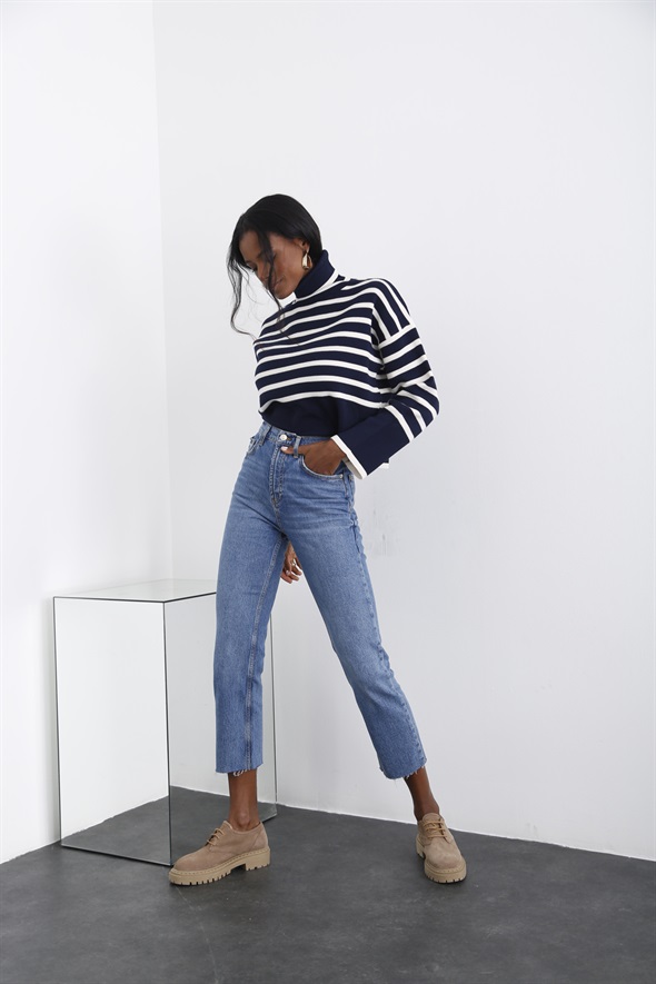 Mavi Yüksek Bel Straight Fit Jean-1 