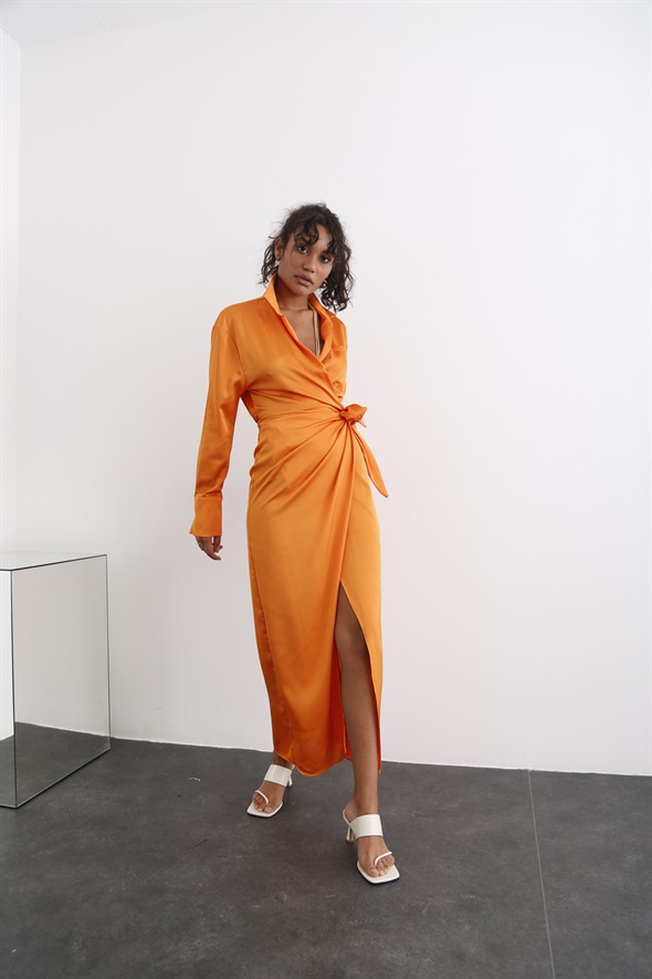 Oranj Anvelop Saten Elbise N121