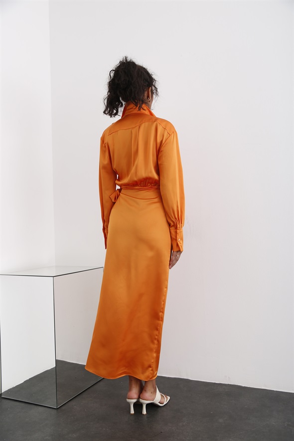 Oranj Anvelop Saten Elbise N121