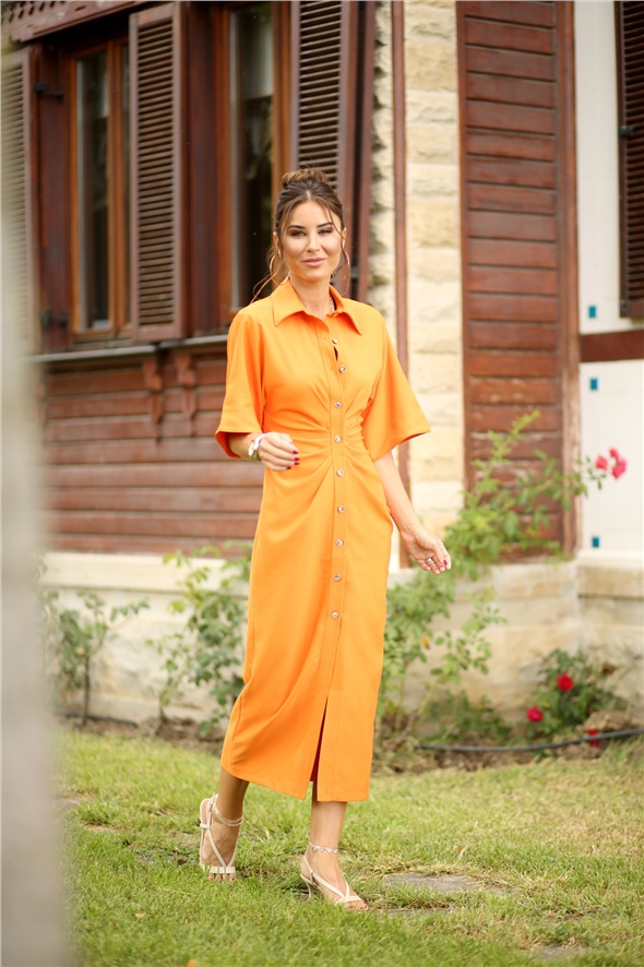 Oranj Önü Büzgülü Gömlek Yaka Elbise 018