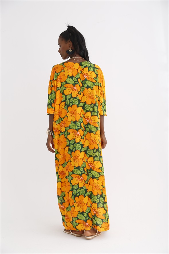 Oranj Oversize Çiçekli Elbise 063