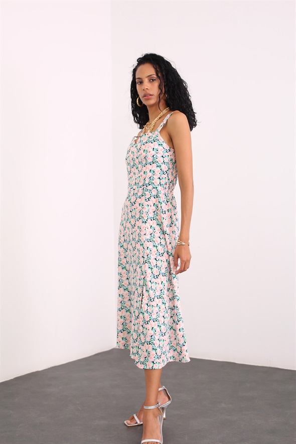 Pudra Kalın Askılı Çiçekli Elbise 90427