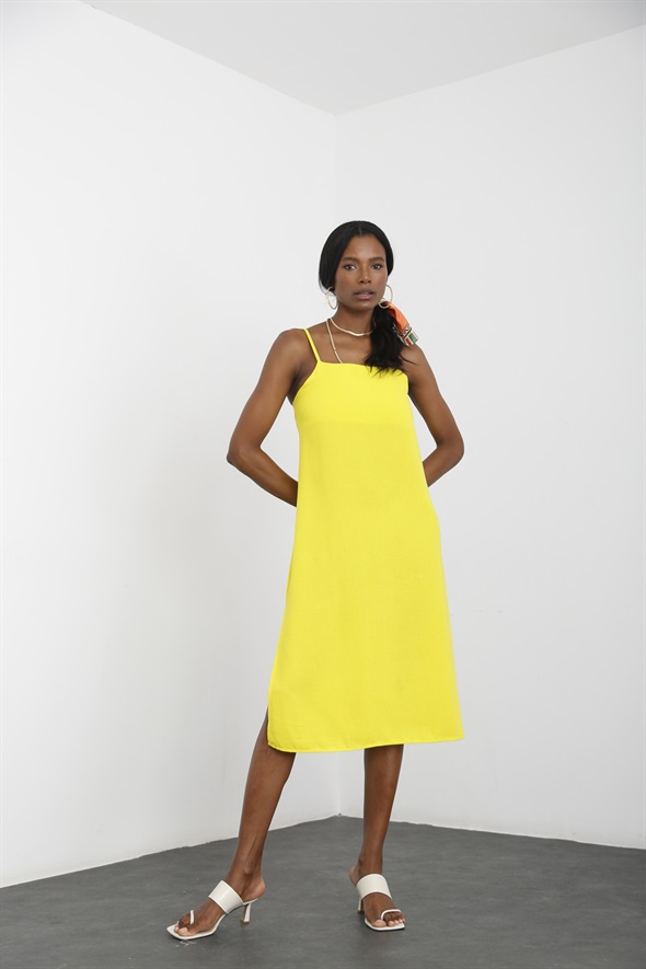 Sarı Keten Dokulu Askılı Elbise 10228
