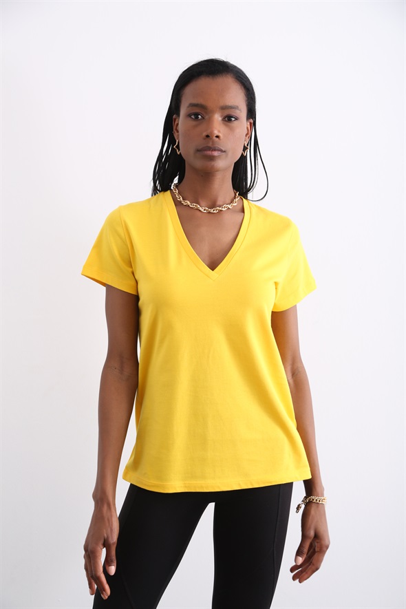Sarı Organik V Yaka Tshirt 
