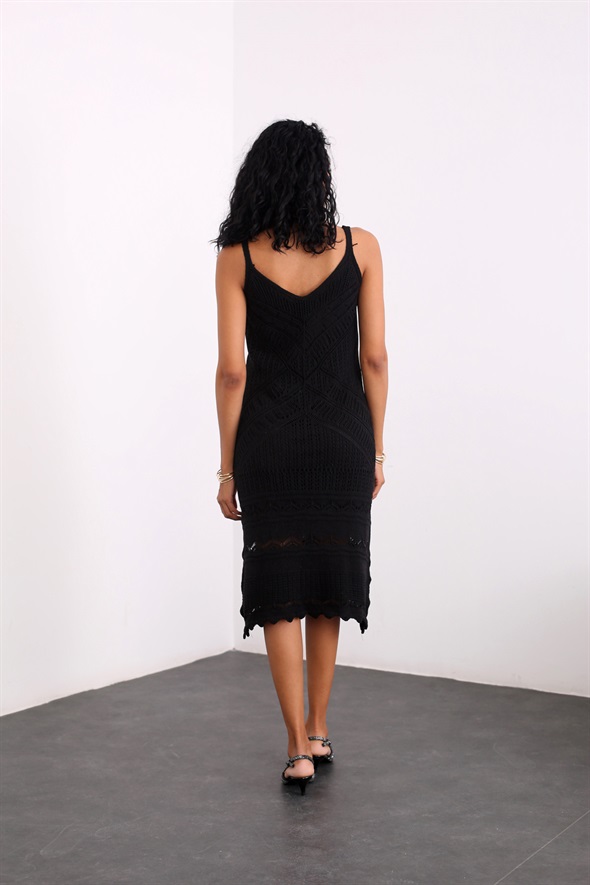 Siyah Ajur Desenli Triko Elbise 3194