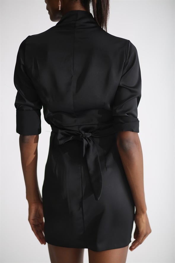 Siyah Bağlamalı Saten Elbise 6541