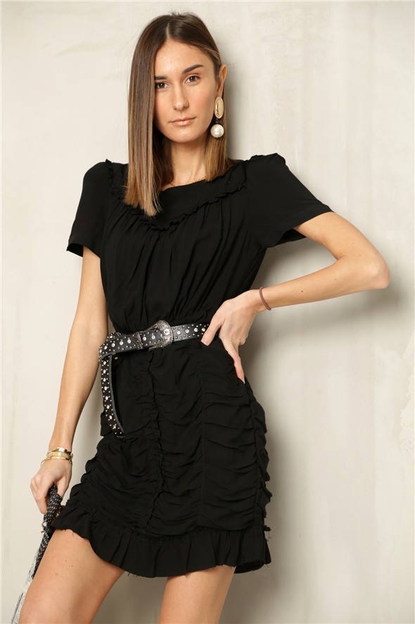 Siyah Büzgülü Kısa Kol Mini Elbise 