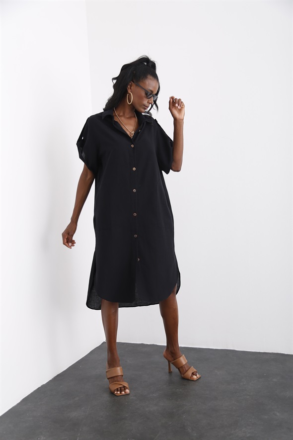 Siyah Cepli Gömlek Elbise 00721