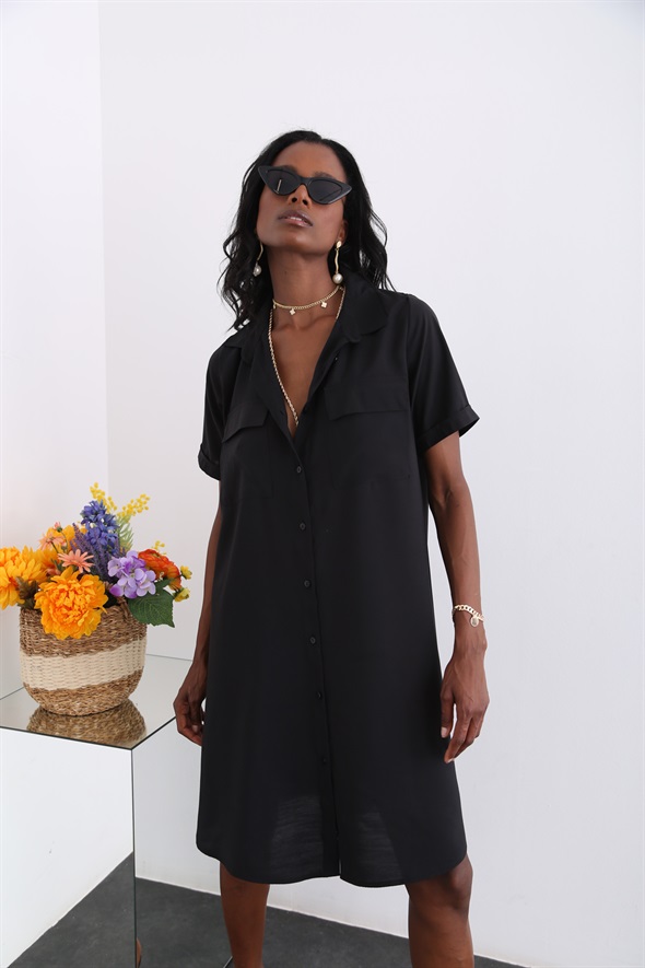 Siyah Çift Cepli Gömlek Elbise 2002