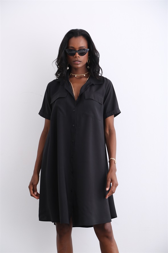 Siyah Çift Cepli Gömlek Elbise 2002