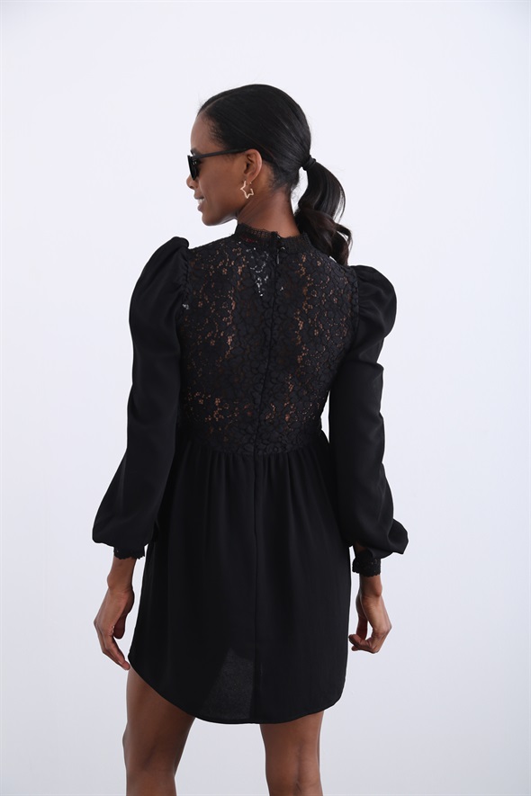 Siyah Dantel Şifon Elbise 