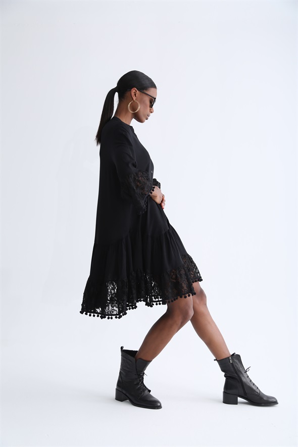 Siyah Dantelli Oversize Elbise AN179