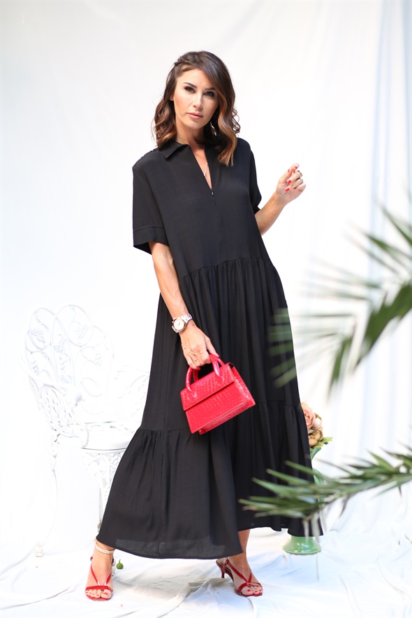 Siyah Fermuarlı Oversize Krep Elbise 2011