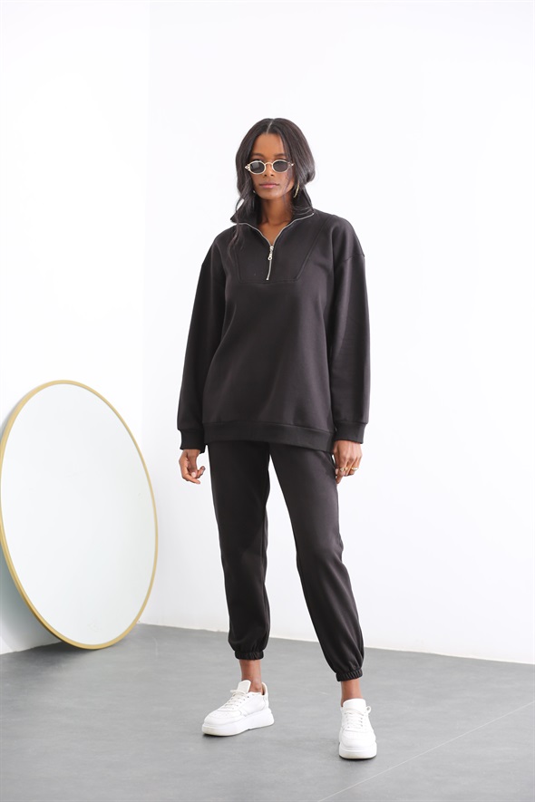 Siyah Fermuarlı Sweatshirt Takım 98308