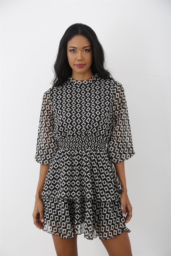 Siyah Geometrik Desen Şifon Elbise 90188