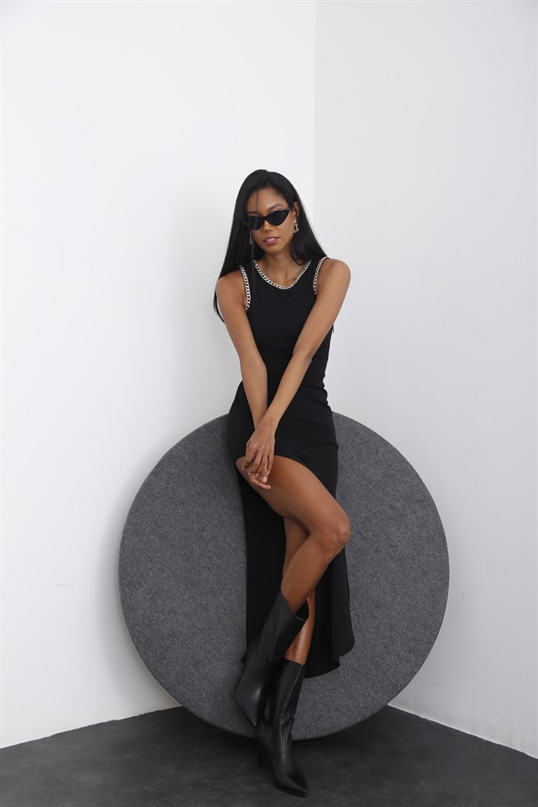 Siyah Kalın Askılı Asimetrik Elbise 90058