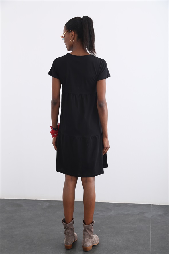 Siyah Katlı Penye Elbise 7580