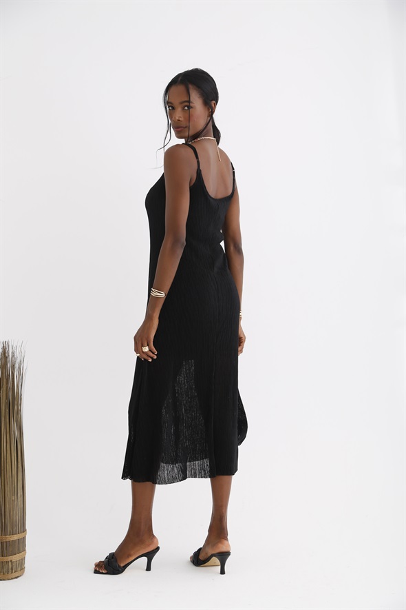 Siyah Kendinden Dokulu Askılı Elbise 25080