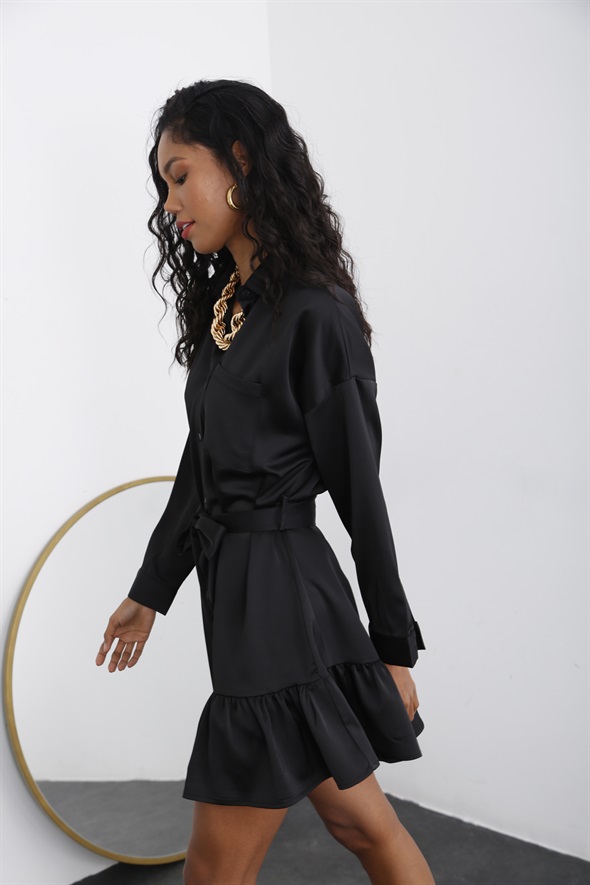 Siyah Kuşaklı Saten Elbise 4031