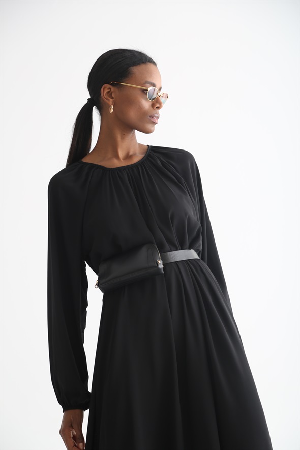 Siyah Oversize Kolları Lastikli Elbise 0081