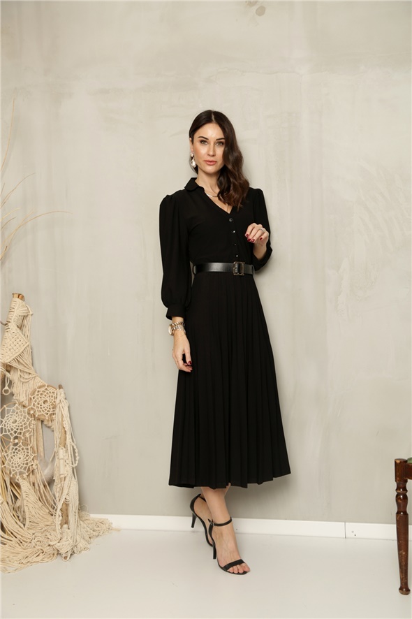 Siyah Piliseli Örme Elbise 11023