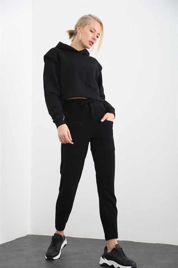 Siyah Şardonlu Vatkalı Sweatshirt 3243