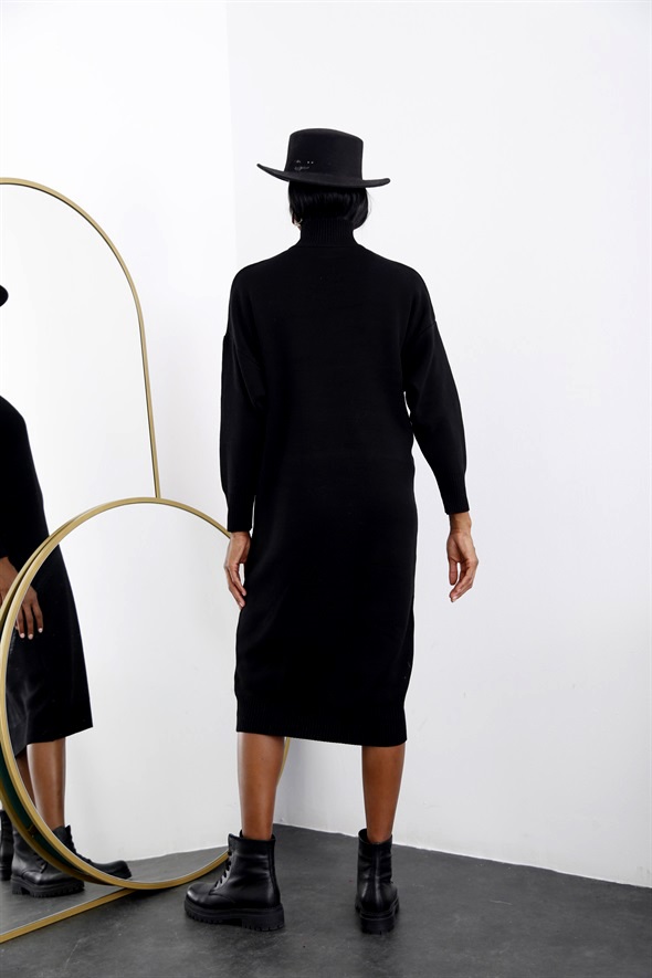 Siyah Yarım Balıkçı Triko Elbise 15511