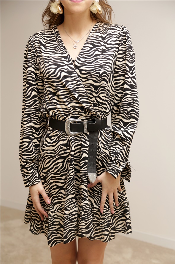 Siyah Zebra Desenli Kruvaze Mini Elbise