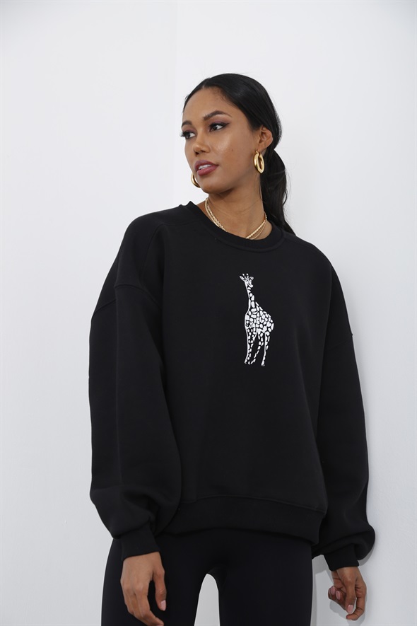 Siyah Zürafa Baskılı Şardonlu Sweatshirt 225