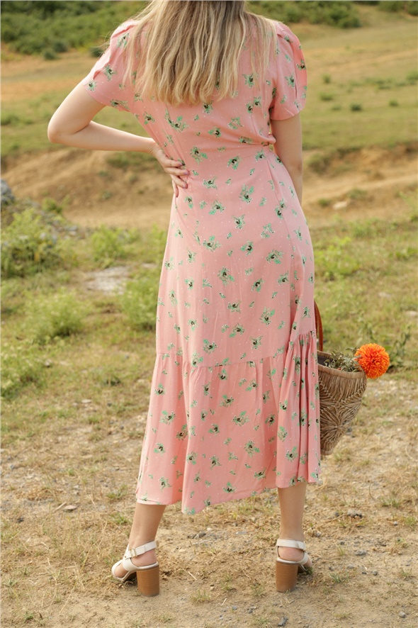 Somon V Yaka Düğme Detaylı Çiçekli Elbise 21587