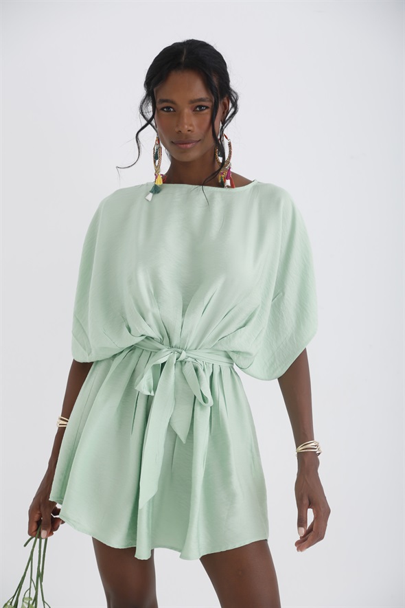 Su Yeşili Beli Lastikli Kuşaklı Elbise 0975