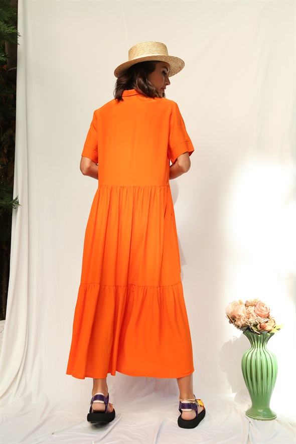 Turuncu Fermuarlı Oversize Krep Elbise 2011