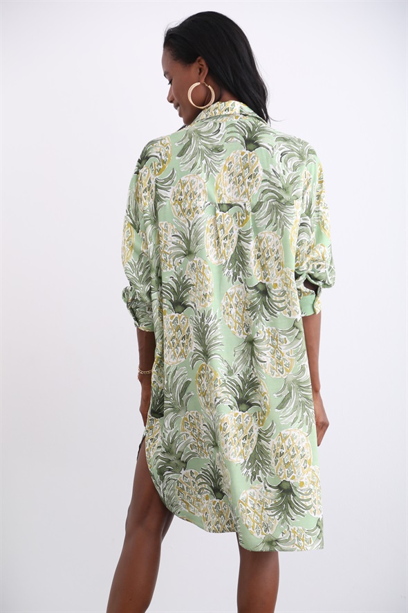 Yeşil Ananas Desen Gömlek Elbise 69041