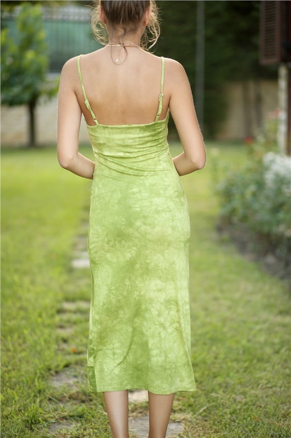 Yeşil Batik Desen Askılı Elbise 1029